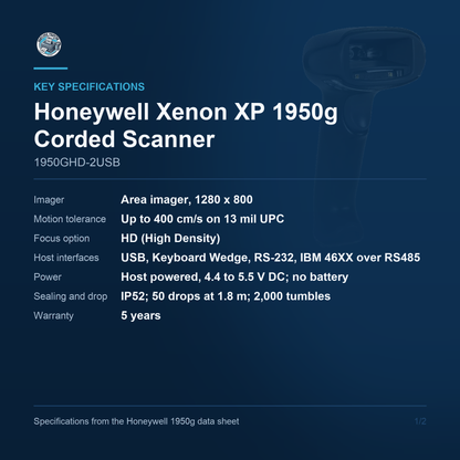 Honeywell Xenon XP 1950g Corded Scanner 1950GHD-2USB key specifications