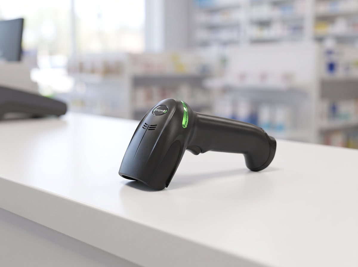 Honeywell Xenon XP 1950g corded 1D/2D barcode scanner in black on a retail checkout counter — AI-generated image
