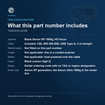 Honeywell Xenon XP 1950g Corded Scanner 1950GHD-2USB - What this part number includes