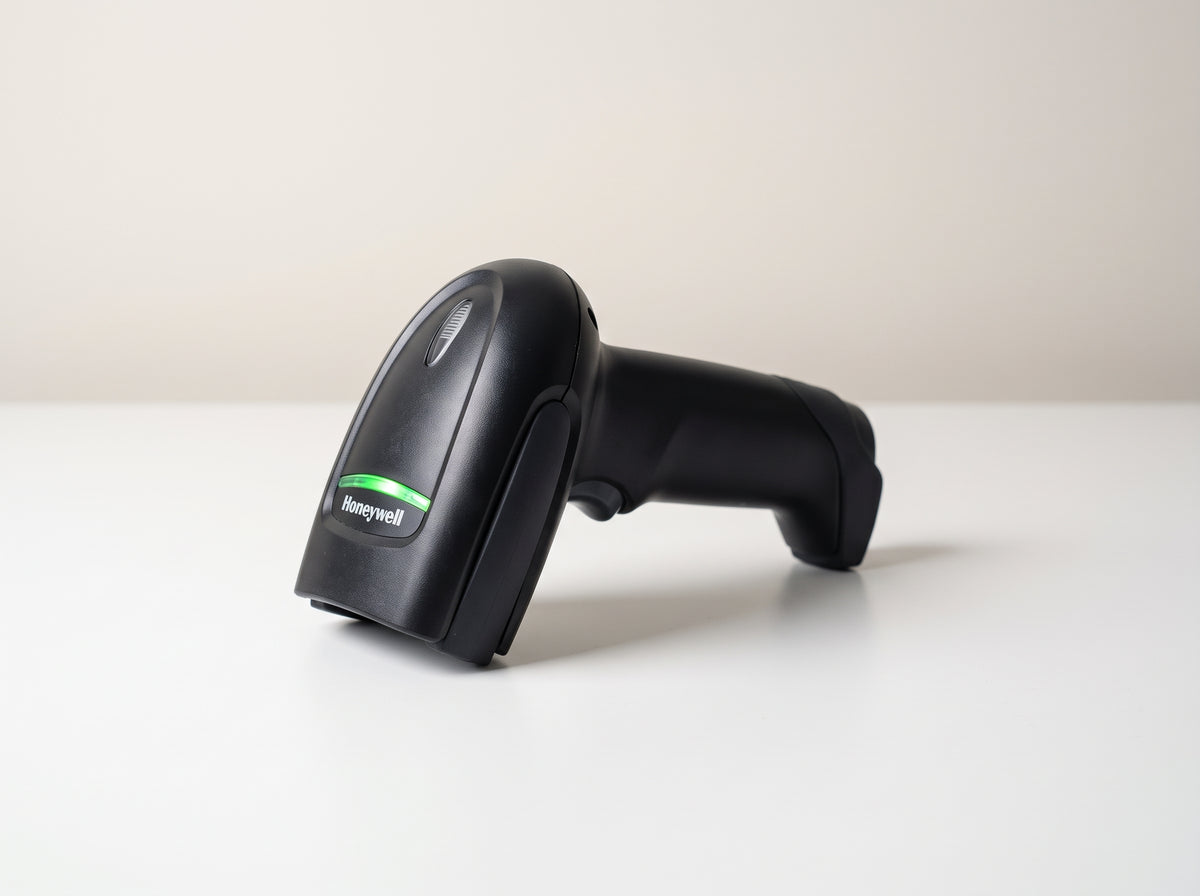 Honeywell Xenon XP 1950g corded 1D/2D barcode scanner in black on a retail checkout counter — AI-generated image