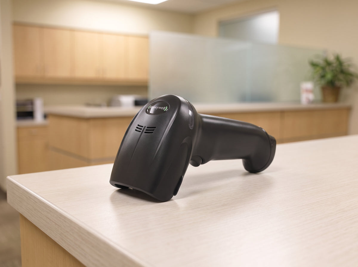 Honeywell Xenon XP 1950g corded 1D/2D barcode scanner in black on a cafe counter — AI-generated image