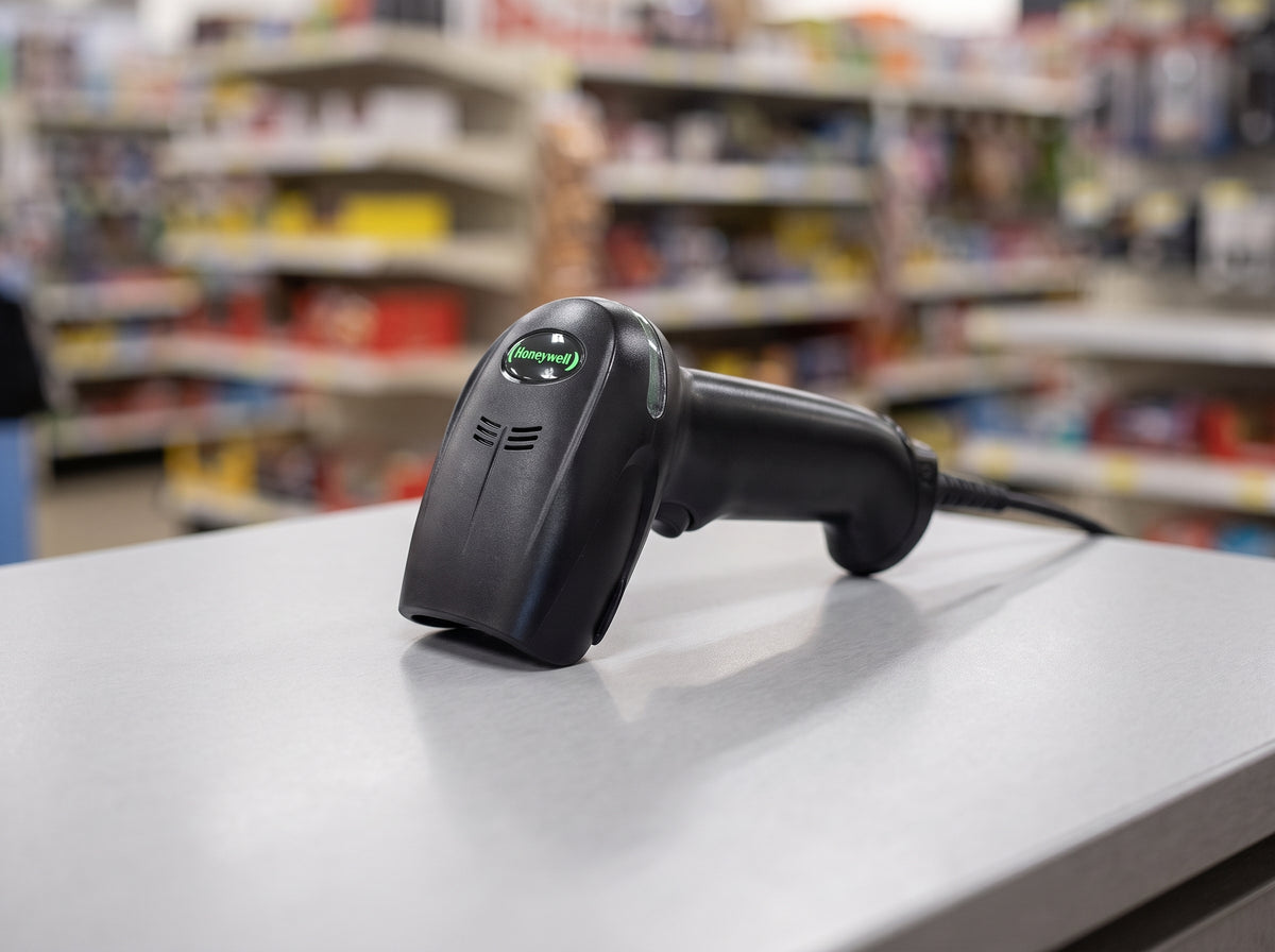 Honeywell Xenon XP 1950g corded 1D/2D barcode scanner in black with its USB cable, on a retail checkout counter — AI-generated image