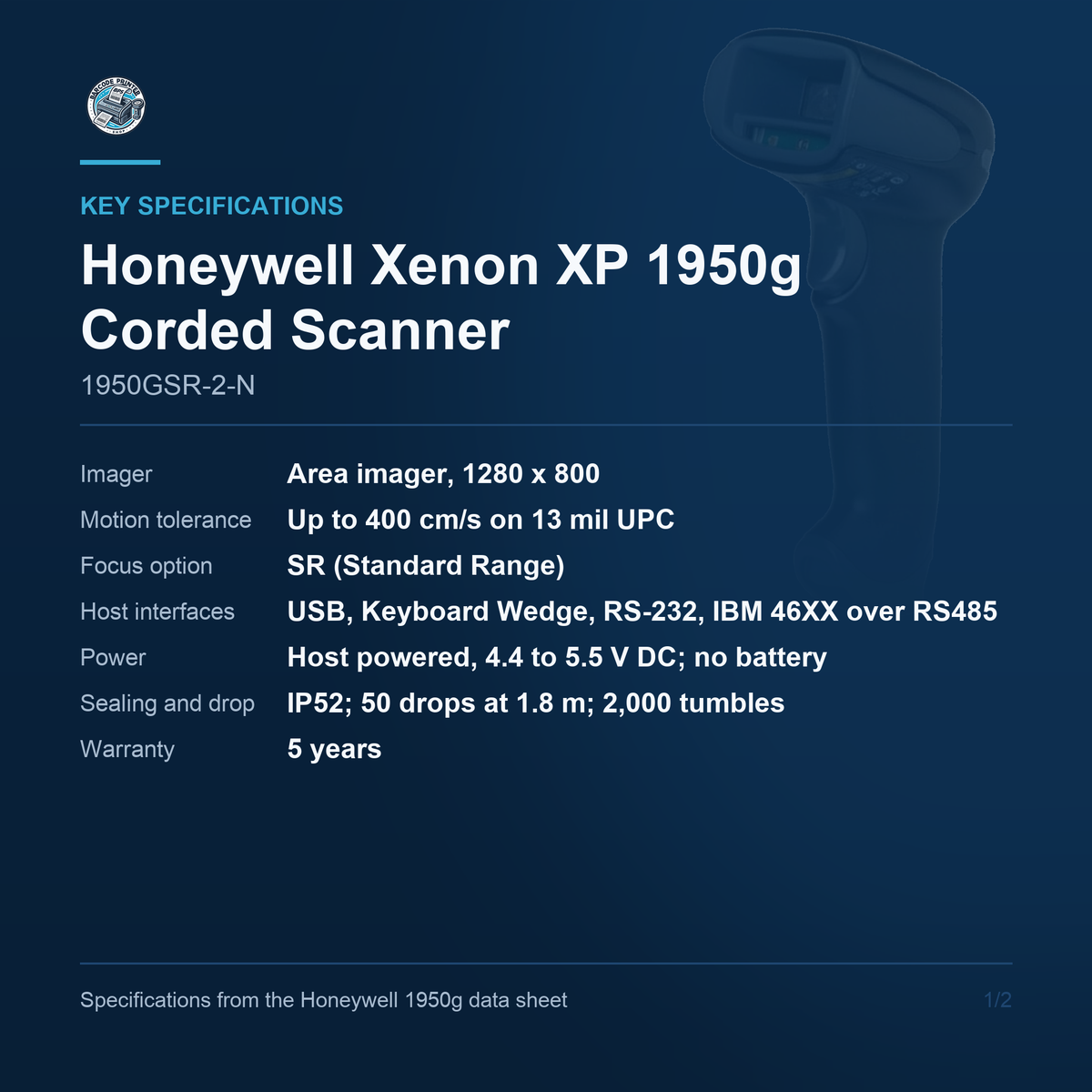 Honeywell Xenon XP 1950g Corded Scanner 1950GSR-2-N key specifications