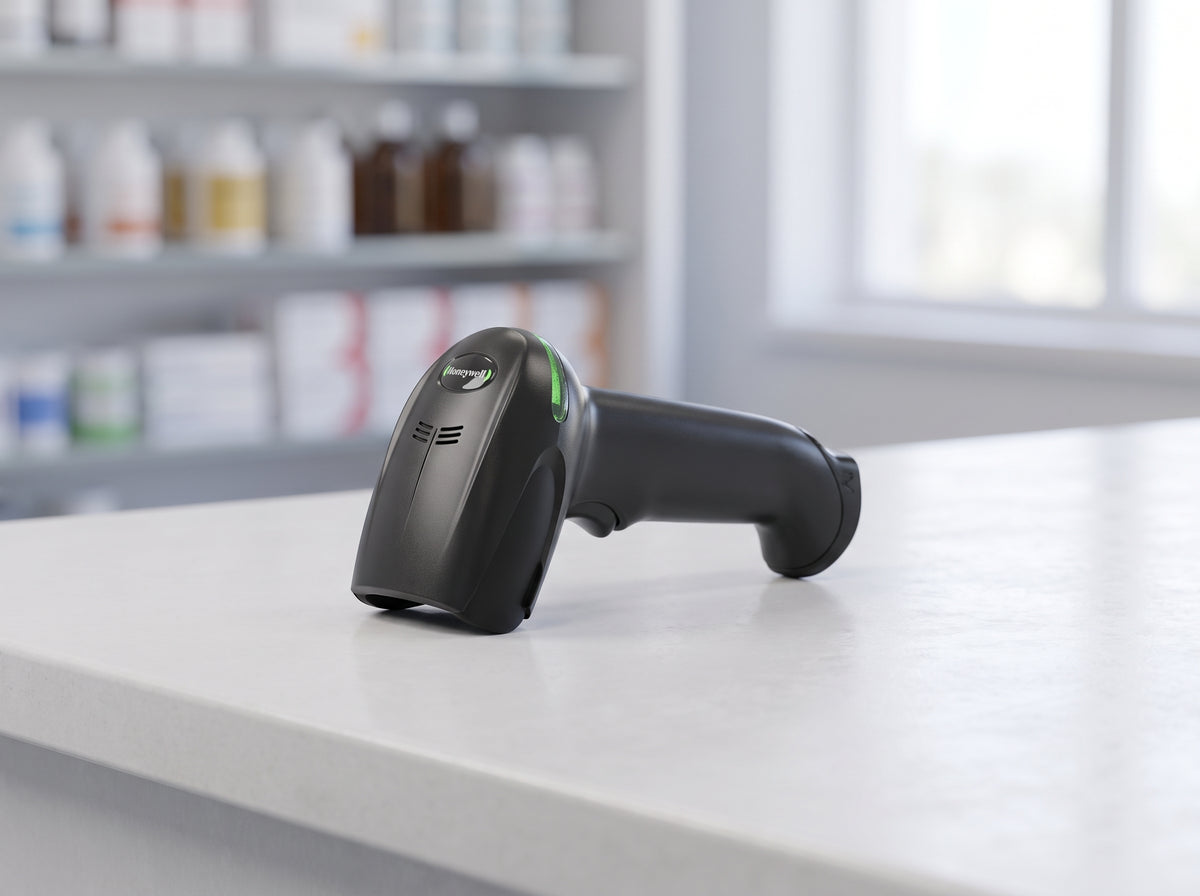Honeywell Xenon XP 1950g corded 1D/2D barcode scanner in black on a cafe counter — AI-generated image
