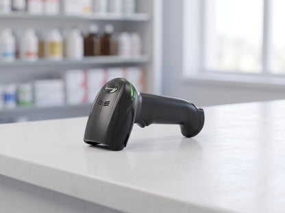 Honeywell Xenon XP 1950g corded 1D/2D barcode scanner in black on a cafe counter — AI-generated image