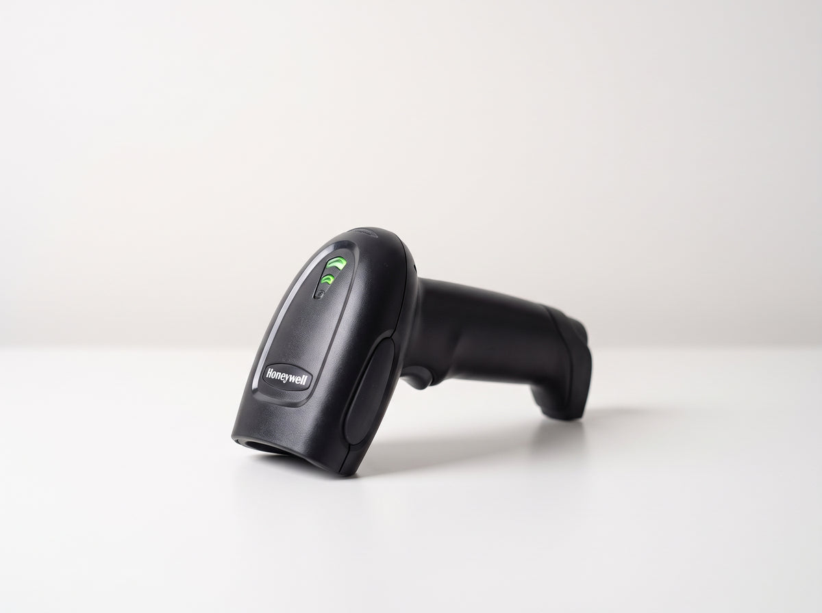 Honeywell Xenon XP 1950g corded 1D/2D barcode scanner in black on a retail checkout counter — AI-generated image