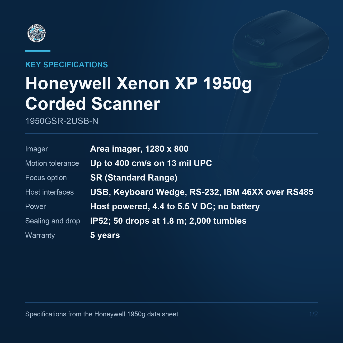 Honeywell Xenon XP 1950g Corded Scanner 1950GSR-2USB-N key specifications
