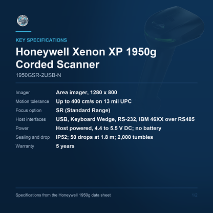 Honeywell Xenon XP 1950g Corded Scanner 1950GSR-2USB-N key specifications