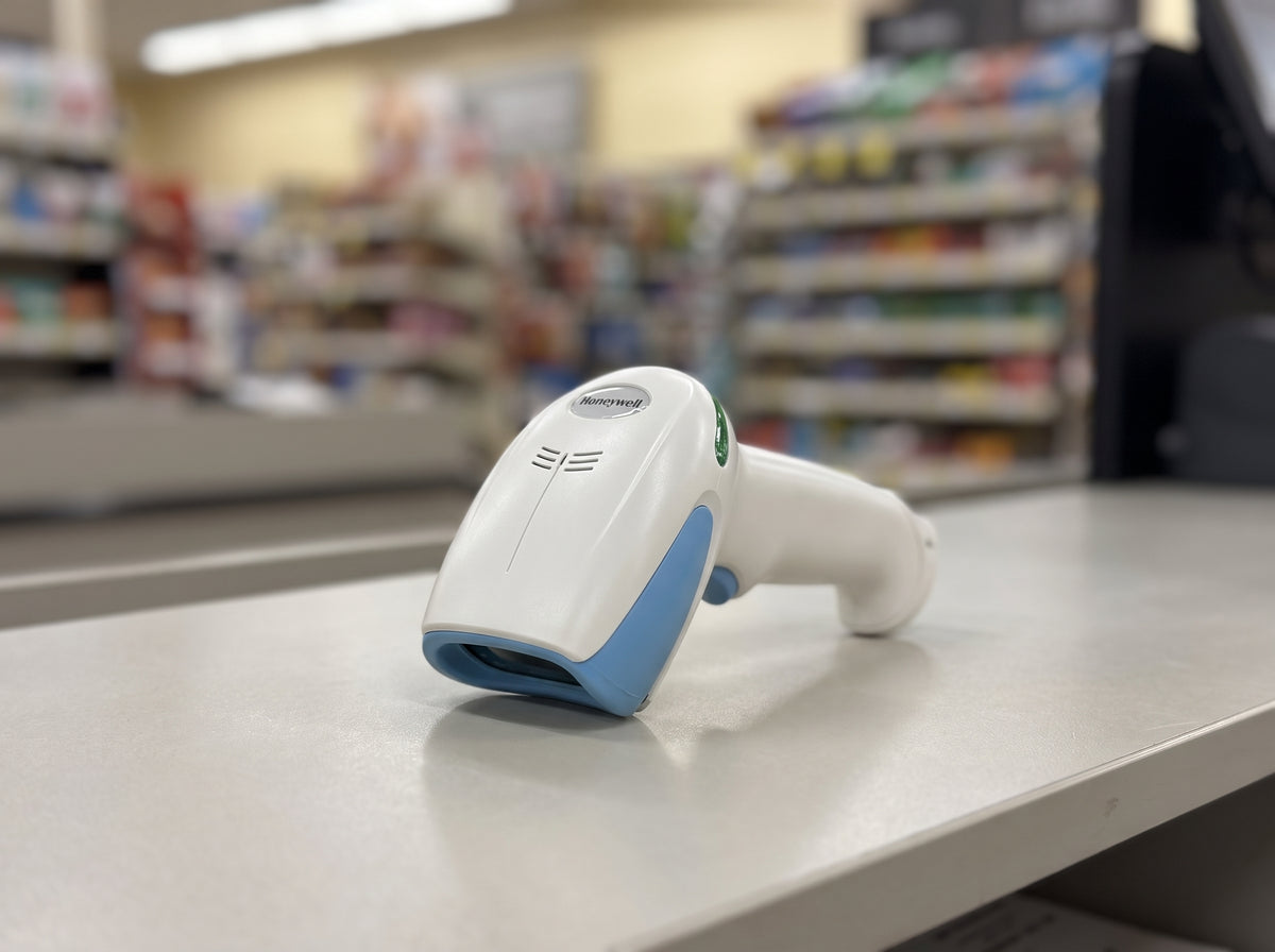 Honeywell Xenon XP 1950h healthcare barcode scanner in disinfectant-ready white on a retail checkout counter — AI-generated image