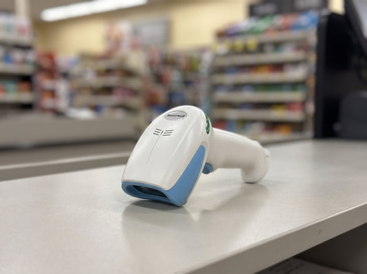 Honeywell Xenon XP 1950h healthcare barcode scanner in disinfectant-ready white on a retail checkout counter — AI-generated image