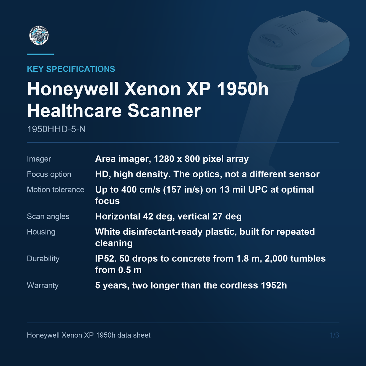 Honeywell Xenon XP 1950h corded healthcare scanner 1950HHD-5-N key specifications