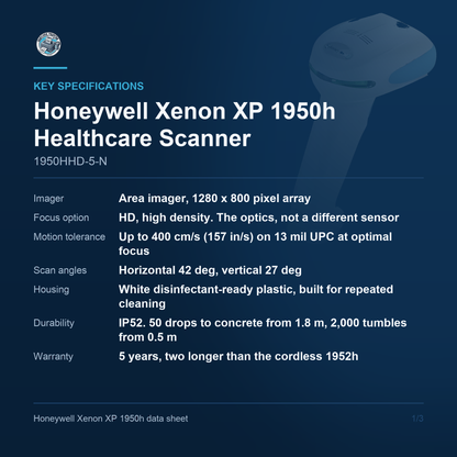 Honeywell Xenon XP 1950h corded healthcare scanner 1950HHD-5-N key specifications