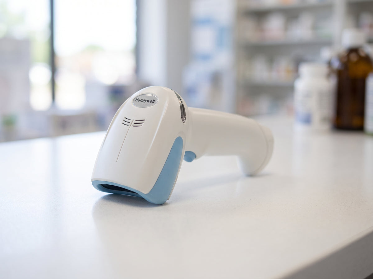 Honeywell Xenon XP 1950h healthcare barcode scanner in disinfectant-ready white on a cafe counter — AI-generated image