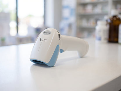 Honeywell Xenon XP 1950h healthcare barcode scanner in disinfectant-ready white on a cafe counter — AI-generated image