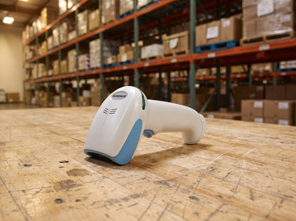 Honeywell Xenon XP 1950h healthcare barcode scanner in disinfectant-ready white on a pharmacy counter — AI-generated image