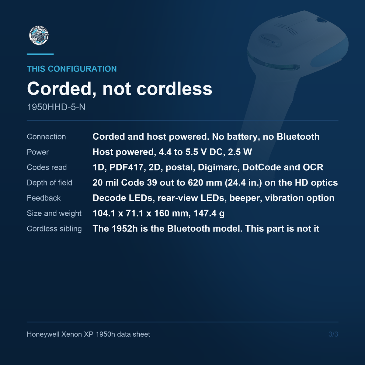 Honeywell Xenon XP 1950h 1950HHD-5-N corded host-powered configuration detail