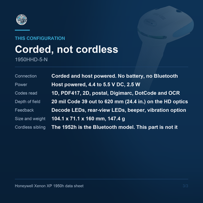 Honeywell Xenon XP 1950h 1950HHD-5-N corded host-powered configuration detail