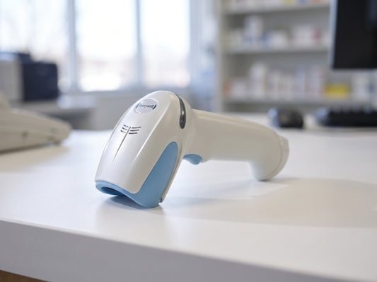 Honeywell Xenon XP 1950h healthcare barcode scanner in disinfectant-ready white on a retail checkout counter — AI-generated image
