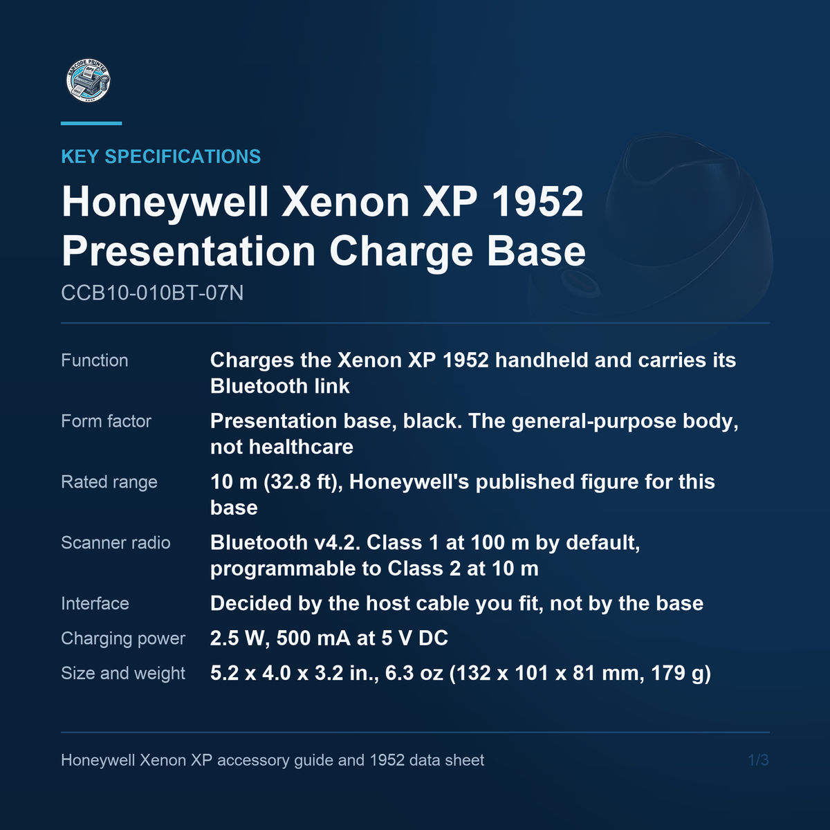 Honeywell Xenon XP 1952 presentation charge and communication base CCB10-010BT-07N key specifications