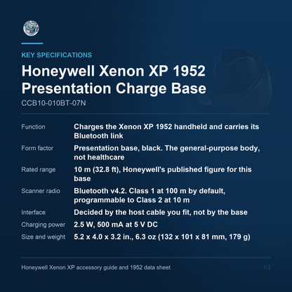Honeywell Xenon XP 1952 presentation charge and communication base CCB10-010BT-07N key specifications