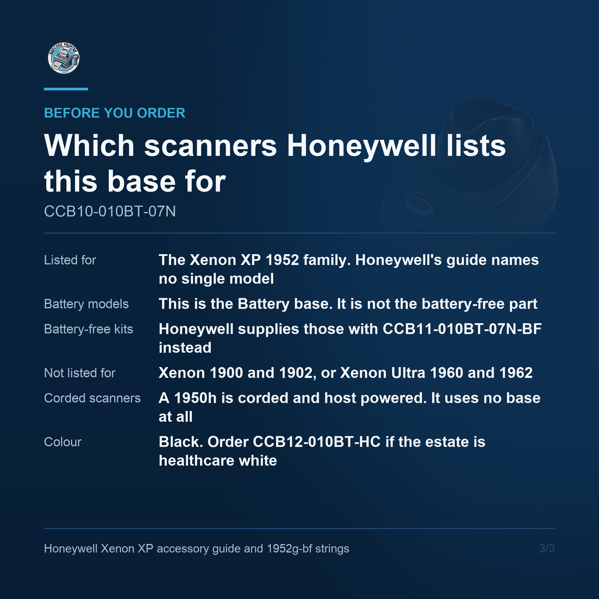 Honeywell CCB10-010BT-07N which Xenon XP scanners this base is listed for