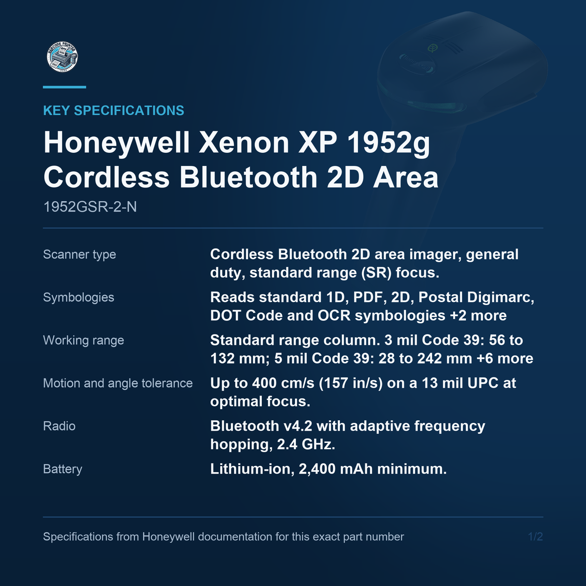 Honeywell Xenon XP 1952g Cordless Bluetooth 2D Area 1952GSR-2-N key specifications