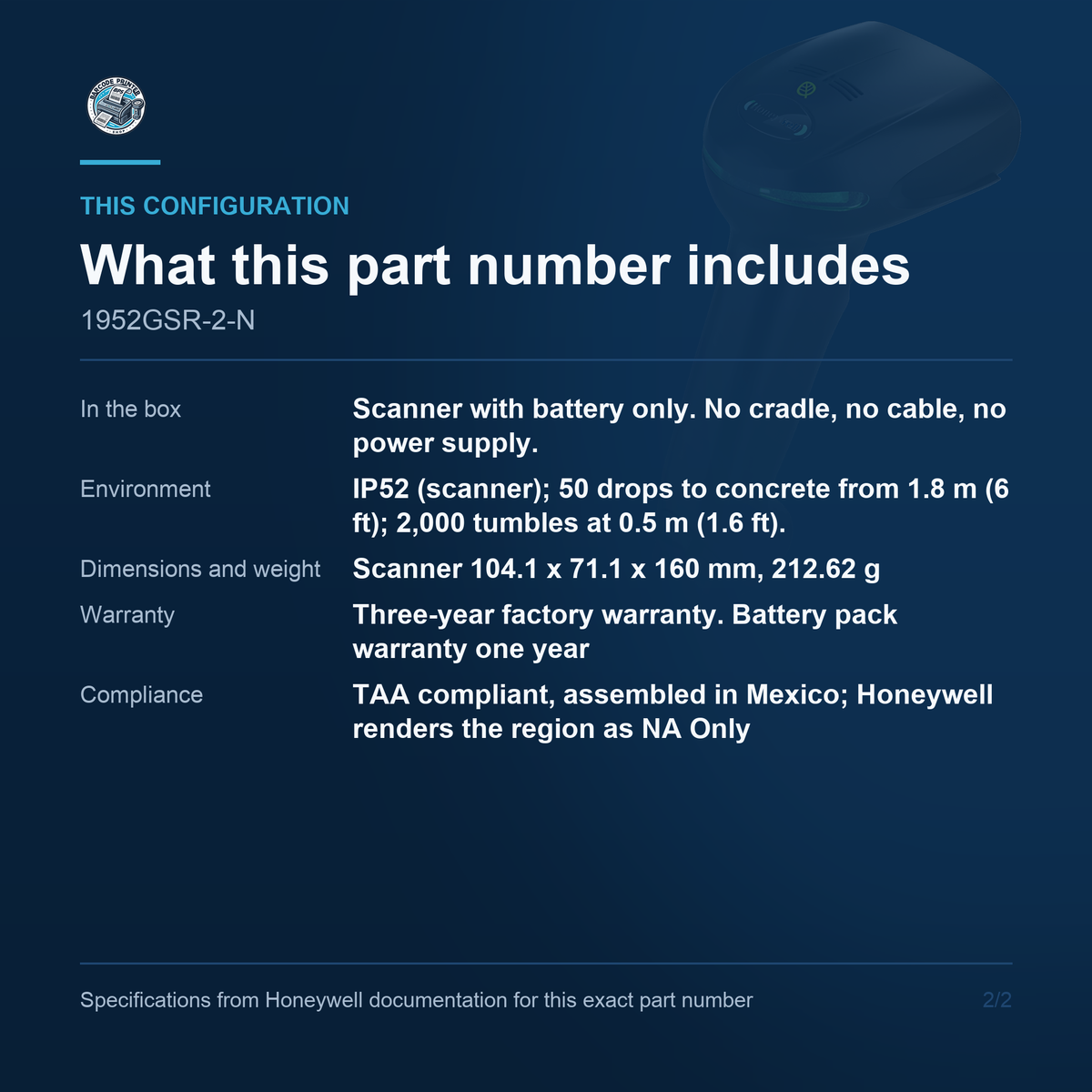 Honeywell Xenon XP 1952g Cordless Bluetooth 2D 1952GSR-2-N configuration and what ships