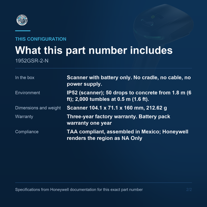 Honeywell Xenon XP 1952g Cordless Bluetooth 2D 1952GSR-2-N configuration and what ships