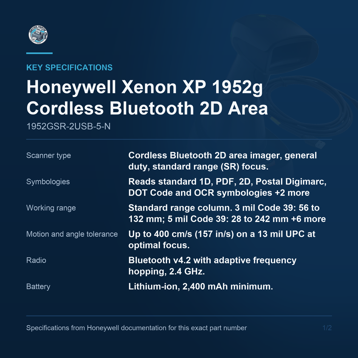 Honeywell Xenon XP 1952g Cordless Bluetooth 2D Area 1952GSR-2USB-5-N key specifications