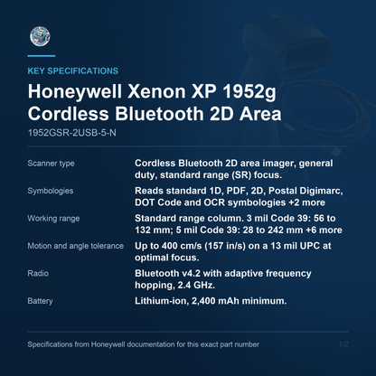 Honeywell Xenon XP 1952g Cordless Bluetooth 2D Area 1952GSR-2USB-5-N key specifications