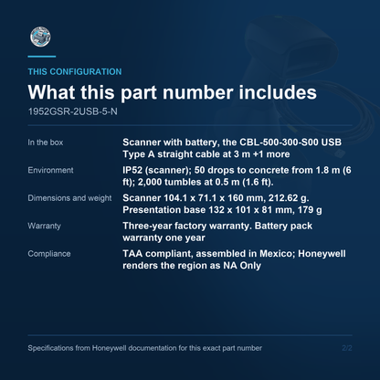 Honeywell Xenon XP 1952g Cordless 1952GSR-2USB-5-N configuration and what ships