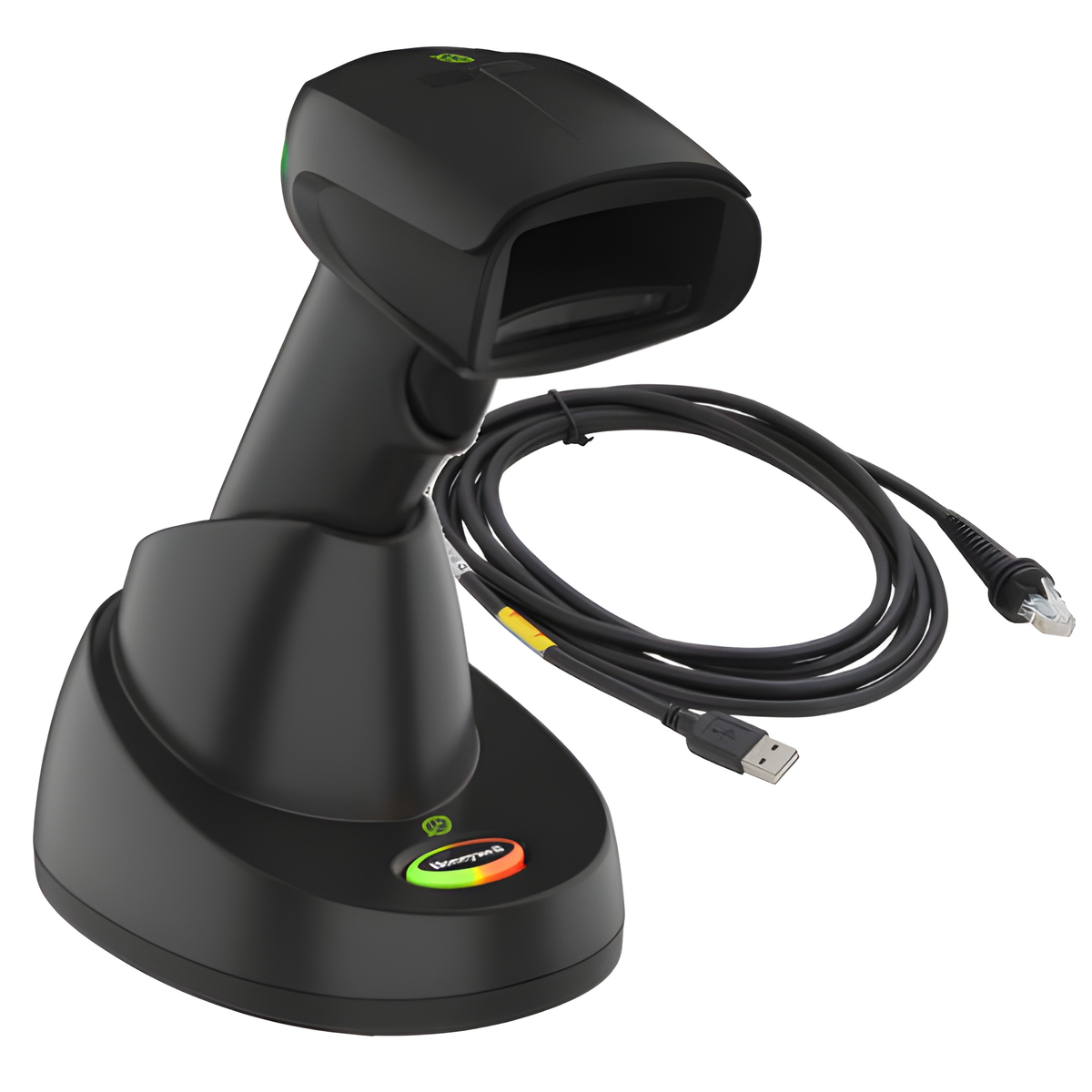 Honeywell Xenon XP 1952g cordless scanner on its presentation base with cable