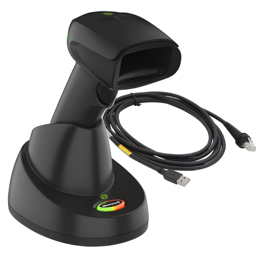 Honeywell Xenon XP 1952g cordless scanner on its presentation base with cable