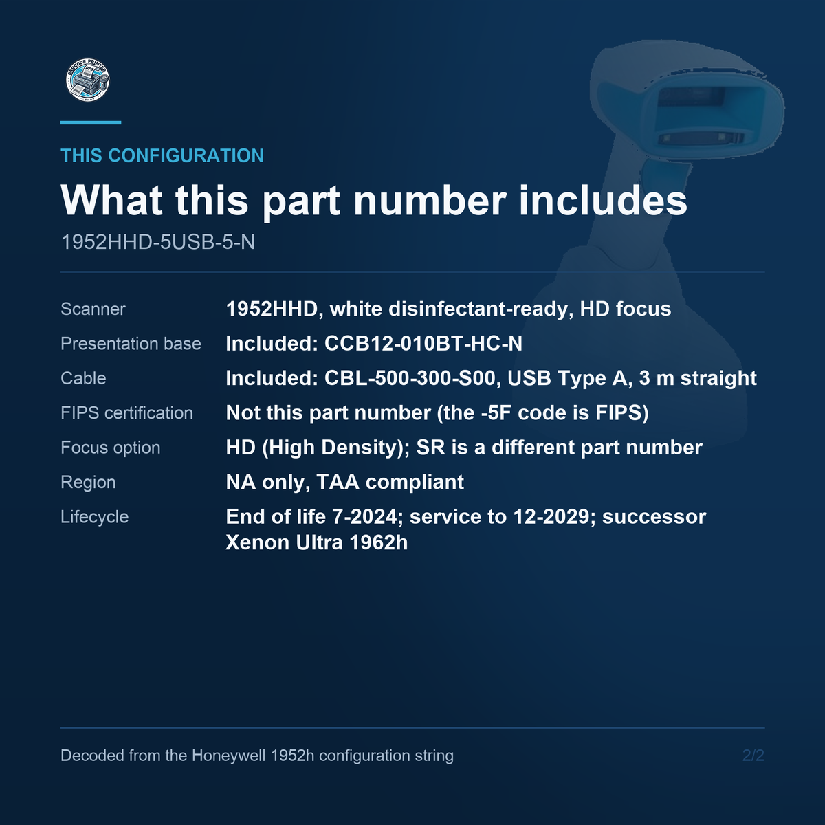 Honeywell Xenon XP 1952h Healthcare Scanner 1952HHD-5USB-5-N - What this part number includes