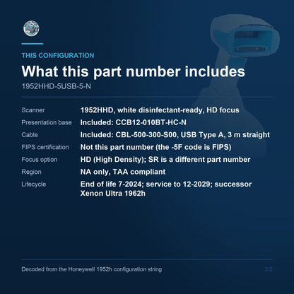 Honeywell Xenon XP 1952h Healthcare Scanner 1952HHD-5USB-5-N - What this part number includes