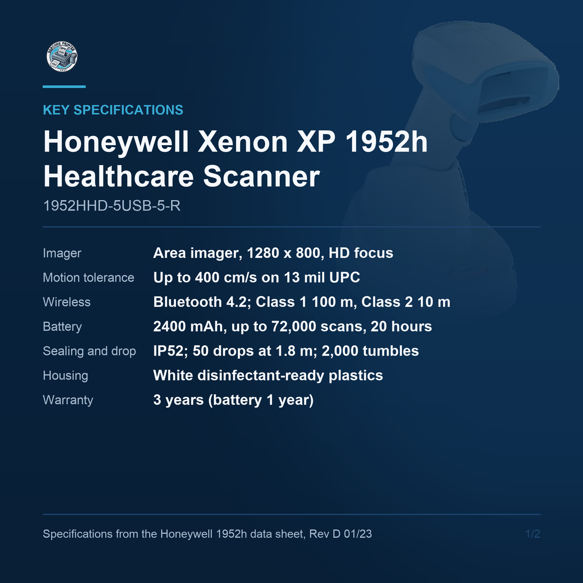 Honeywell Xenon XP 1952h Healthcare Scanner 1952HHD-5USB-5-R key specifications