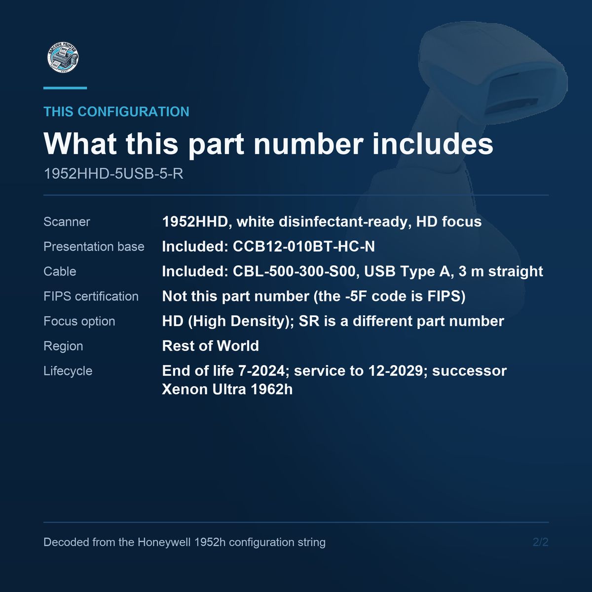 Honeywell Xenon XP 1952h Healthcare Scanner 1952HHD-5USB-5-R - What this part number includes