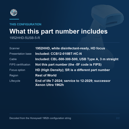Honeywell Xenon XP 1952h Healthcare Scanner 1952HHD-5USB-5-R - What this part number includes