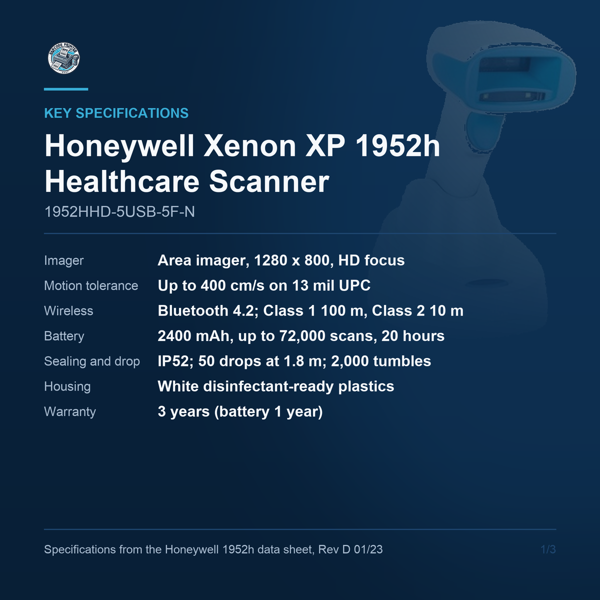 Honeywell Xenon XP 1952h Healthcare Scanner 1952HHD-5USB-5F-N key specifications