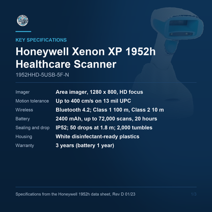 Honeywell Xenon XP 1952h Healthcare Scanner 1952HHD-5USB-5F-N key specifications
