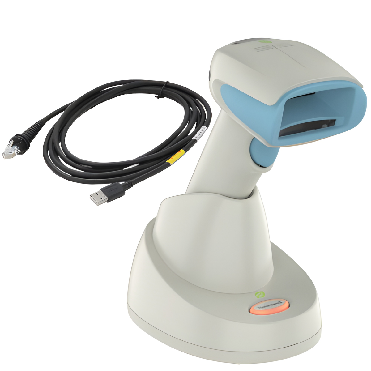 Honeywell Xenon XP 1952h white healthcare scanner in its presentation charge base