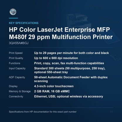 HP Color LaserJet Enterprise MFP M480f 29 ppm 3QA55A#BGJ key specifications
