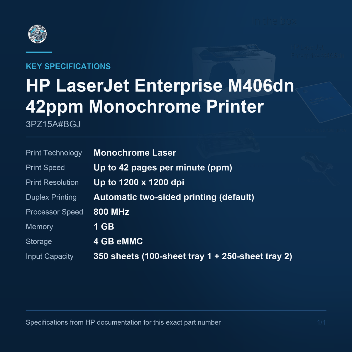 HP LaserJet Enterprise M406dn 42ppm Monochrome Printer 3PZ15A#BGJ key specifications