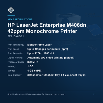 HP LaserJet Enterprise M406dn 42ppm Monochrome Printer 3PZ15A#BGJ key specifications