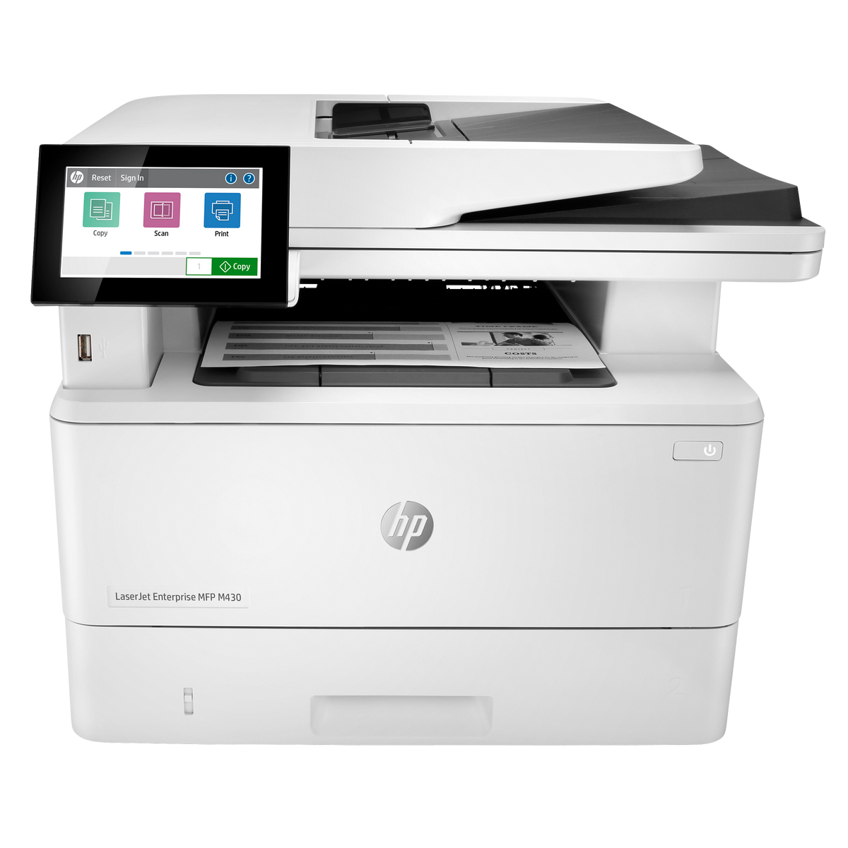 HP LaserJet Enterprise MFP M430f, front view with the document feeder and control panel