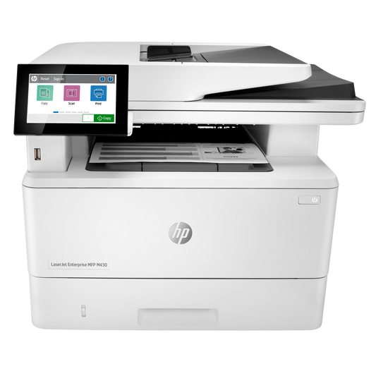 HP LaserJet Enterprise MFP M430f, front view with the document feeder and control panel