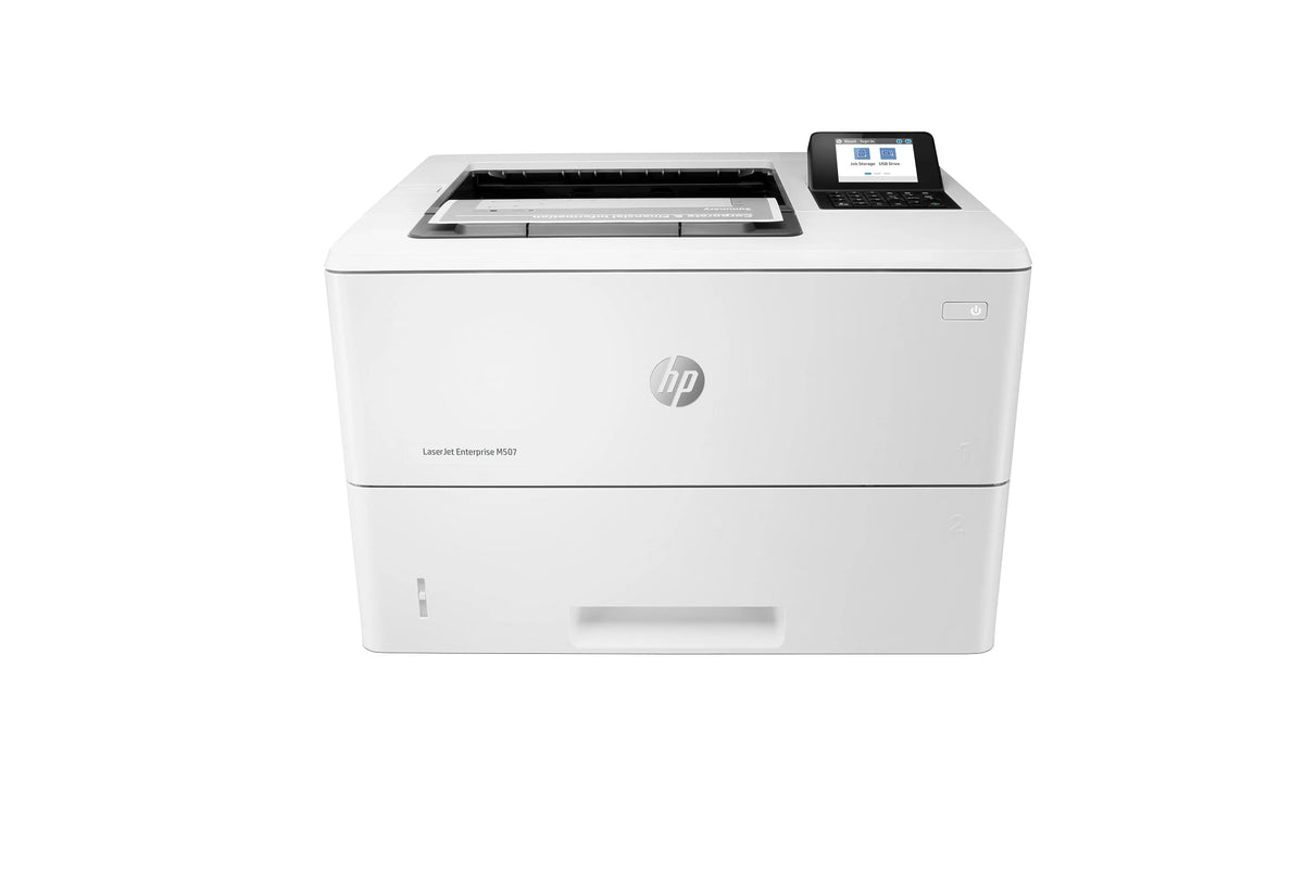 HP LaserJet Enterprise M507dn — printer front-left three-quarter studio view