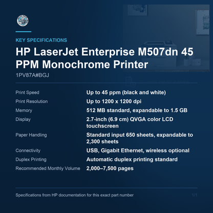 HP LaserJet Enterprise M507dn 45 PPM Monochrome Printer 1PV87A#BGJ key specifications