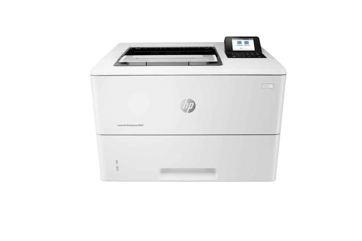 HP LaserJet Enterprise M507dn monochrome printer, front three-quarter view
