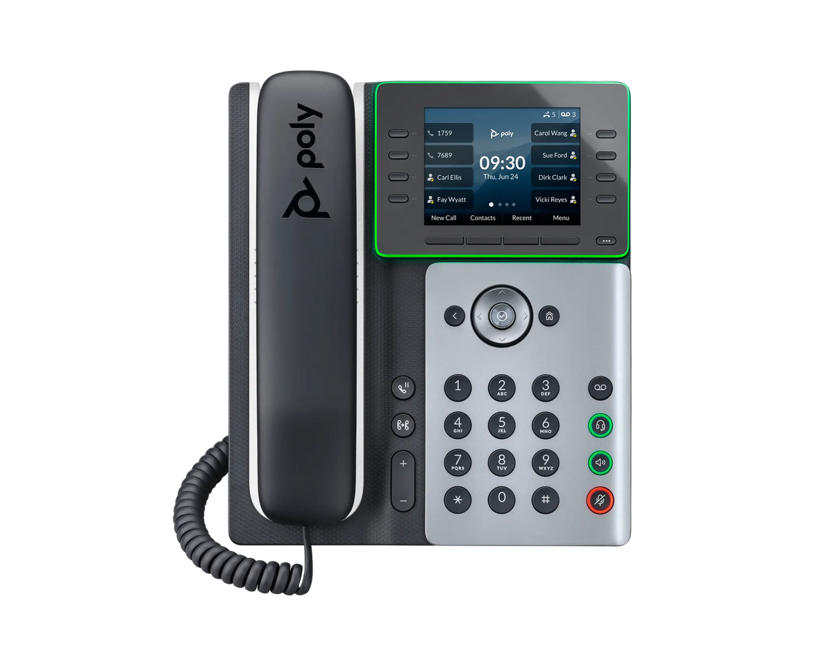 Poly Edge E300 IP desk phone, front view with handset and colour display